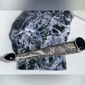 Art Deco 925 Marcasite Black Onyx Brooch Rare Large Unique Vintage Signed 14 Gms